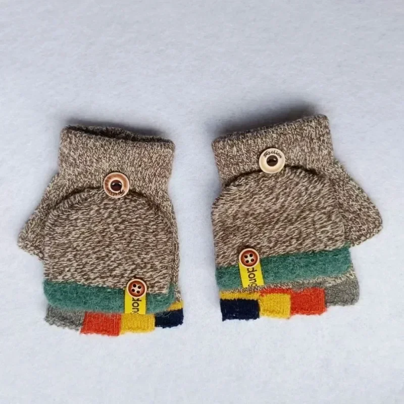 Guantes con tapa de medio dedo para niños, guantes cálidos de Color Jacquard a juego para otoño e invierno, guantes para escribir para estudiantes y bebés