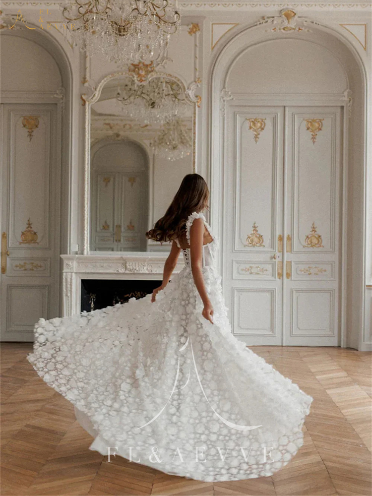 FL&AEVVE Maßgeschneidertes Spitzen-Hochzeitskleid mit Spaghettiträgern und hohem Schlitz, Applikationen, Abendparty-Kleider, Robes de Soirée, Brautkleid