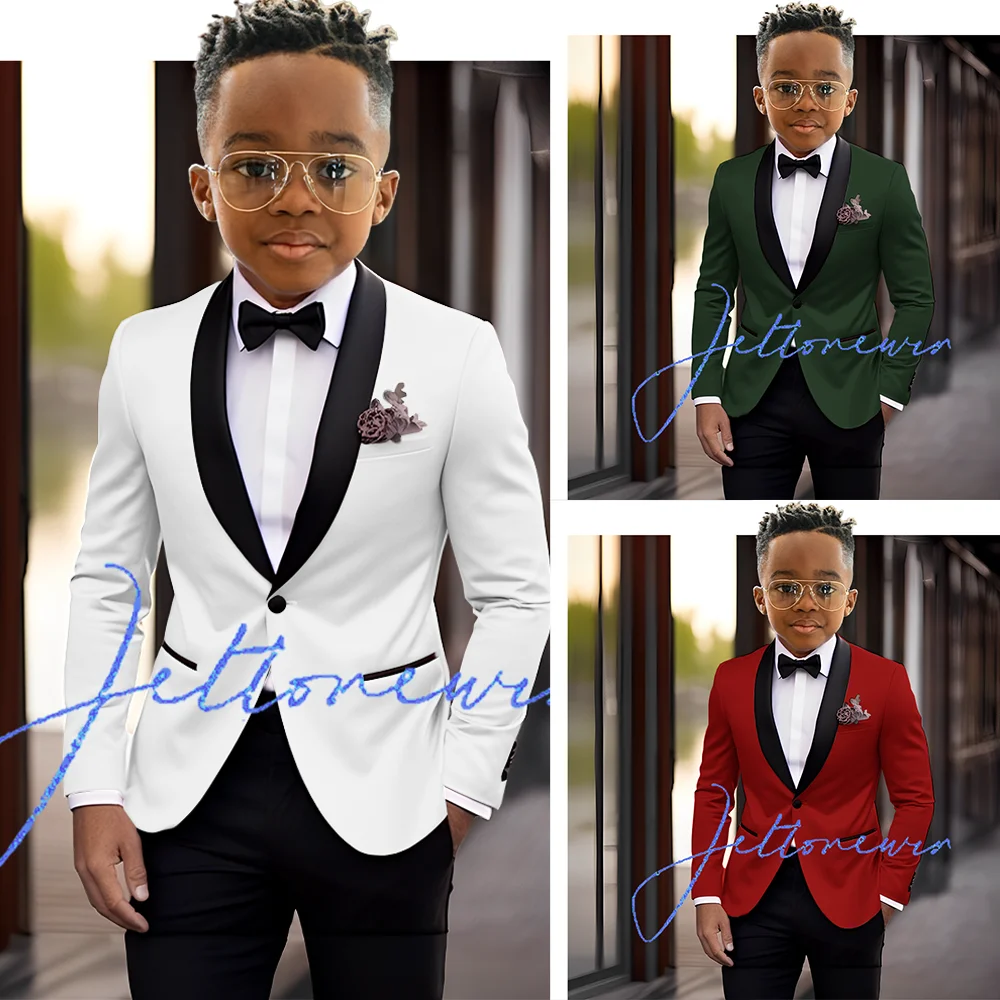 Traje blanco para niños, conjunto de 2 piezas, esmoquin de boda para niños, chaqueta con cuello tipo chal, pantalones, chaqueta Formal, ropa personalizada de moda