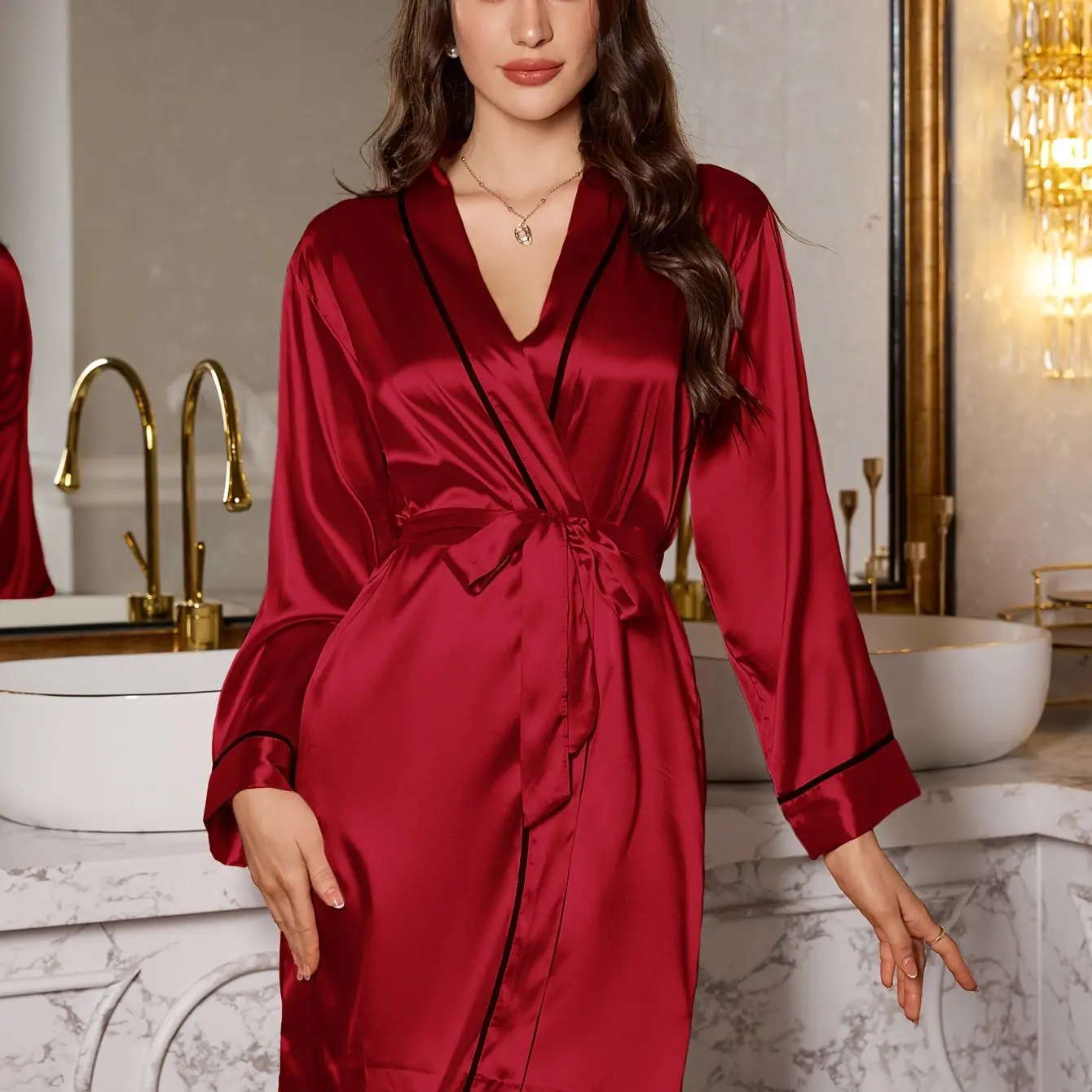 1 camisola curta romântica elegante feminina, pijama de seda macia de cor sólida, robe com cinto fresco e confortável, essencial para casa