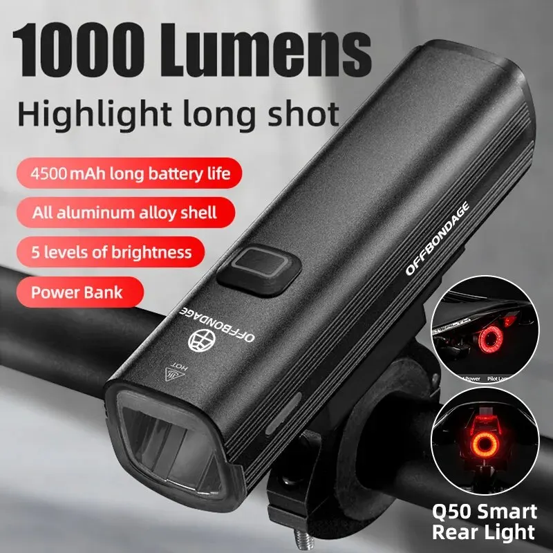 OFFBONDAGE Bicicleta Luz 1000Lumen Bicicleta Farol Power Bank Lanterna Guiador Carregamento USB MTB Estrada Destaque