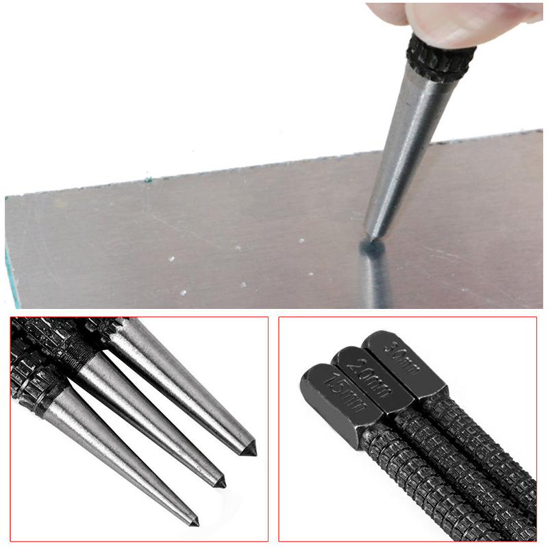 3PC Center Punch Positionering Punch Boren Fixer Zwarte Cilindrische Nagel Punch Pin Tool Accessoires