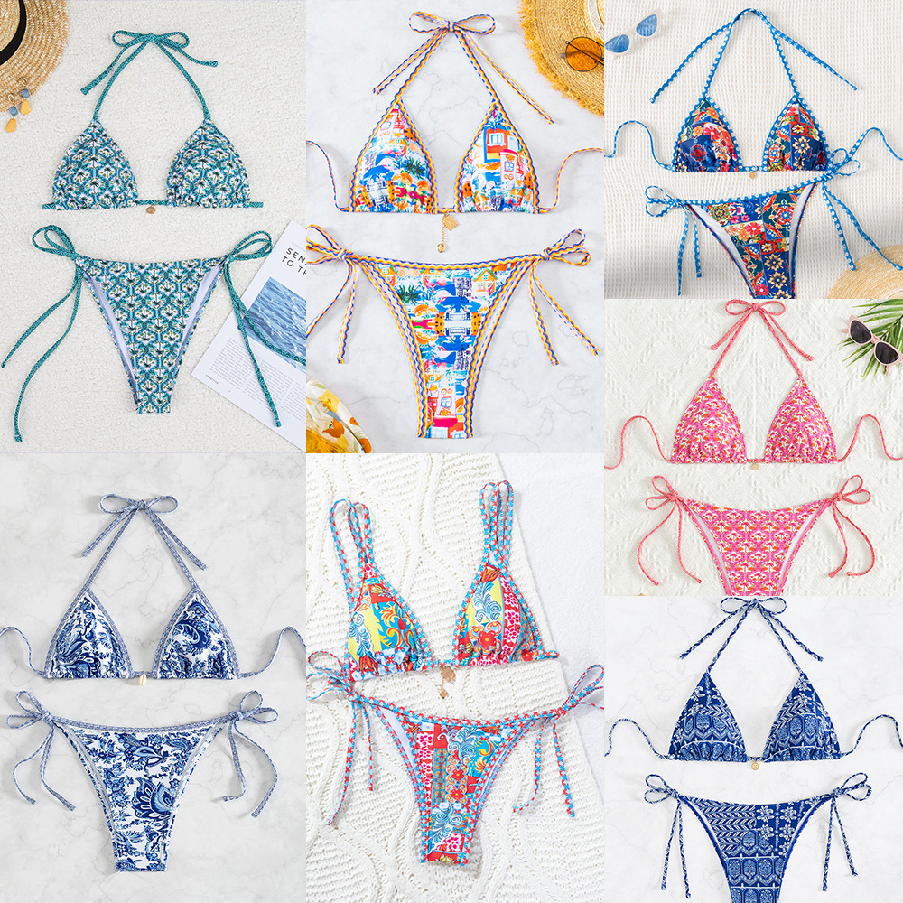 „2025 Neues Triangel-Bikini-Set – Push-Up-Badeanzug mit Blumendruck und brasilianische Hose“