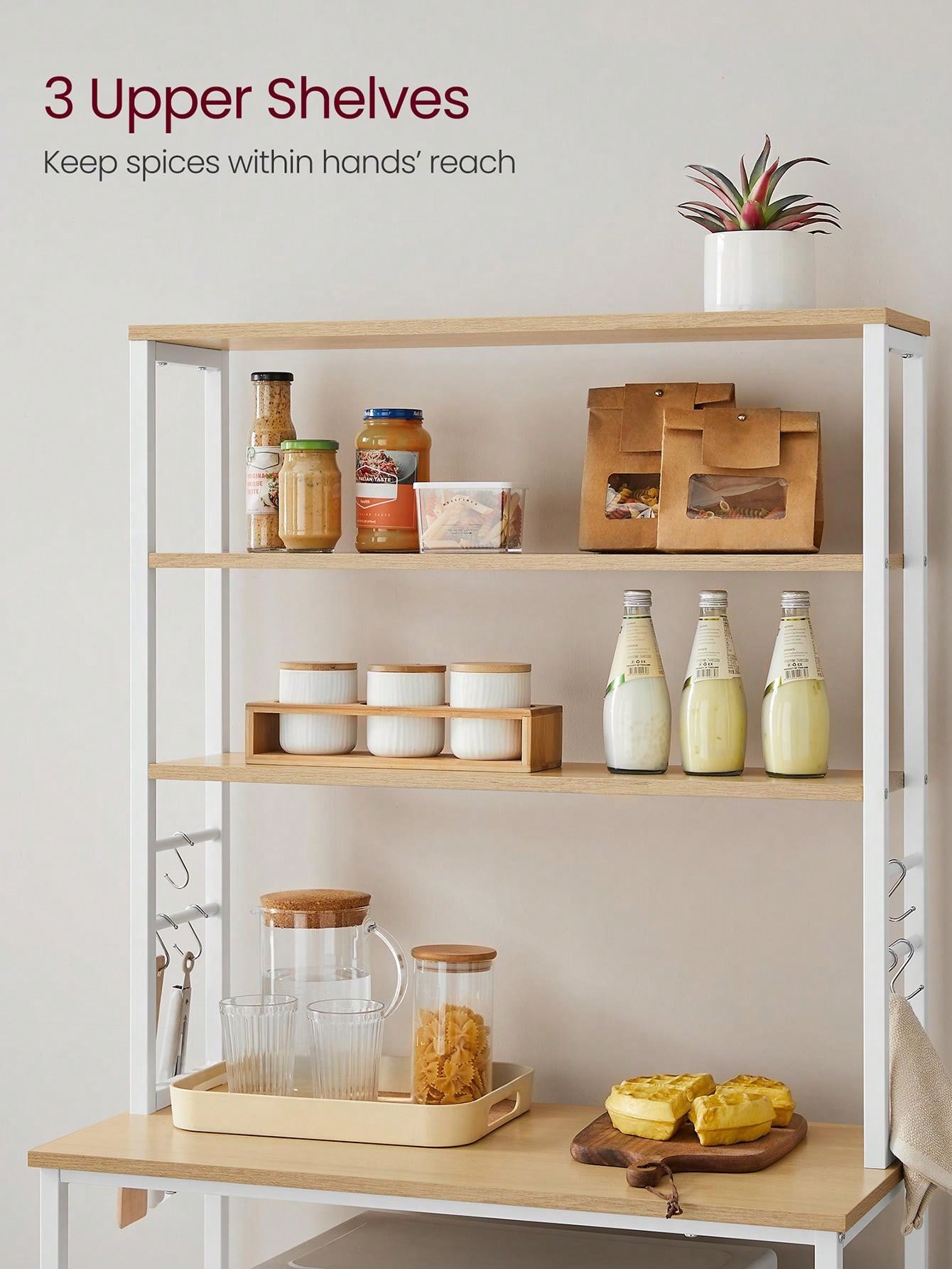 VASAGLE Baker's Rack, Microwave Oven Stand, Kitchen Tall Utility Storage Shelf, 6 Hooks And Metal Frame, Industrial