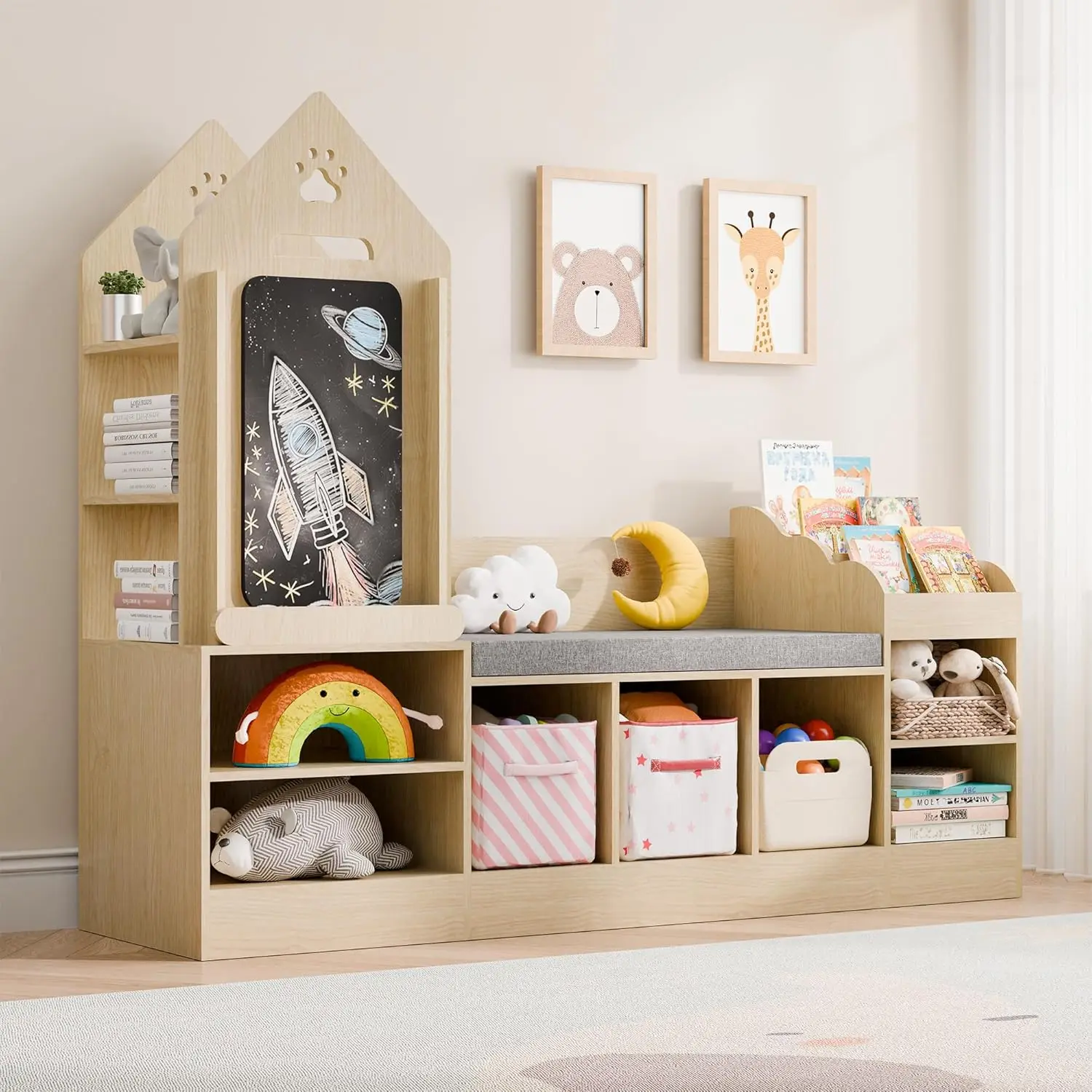 Kids Bookshelf with Reading Nook, Wooden Toy Storage Organizer with Chalkboard and Bench, Kids Reading Nook for Boys & Girls,
