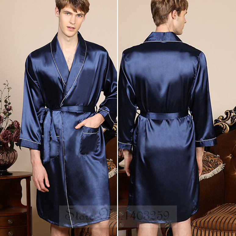 プラスサイズ 3XL 4XL 5XL 男性ローブパジャマネイビーブルーストライプ着物バスローブガウンポケット夏サテンホーム服ラウンジウェア
