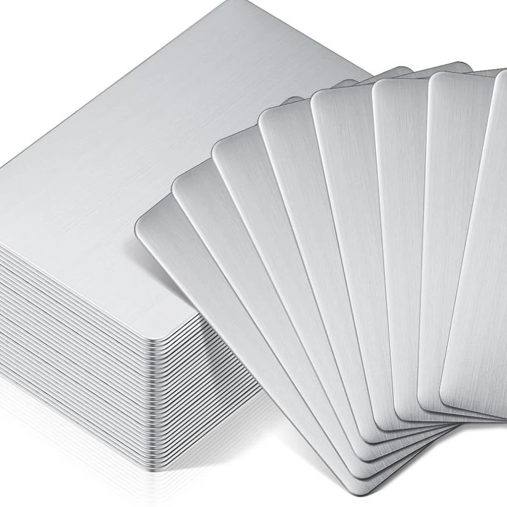 Cartão de visita de metal em aço inoxidável, tamanho 85*53mm, cartões de gravação a laser em branco, impressão de logotipo especial, acabamento escovado fosco com 10 peças