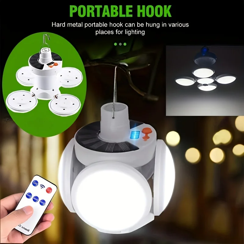 แบบพกพา Solar Camping Light พร้อมตะขอรีโมทคอนโทรลพับฟุตบอลหลอดไฟโคมไฟตั้งโต๊ะแบบชาร์จไฟได้สําหรับเต็นท์โคมระย้าฉุกเฉิน