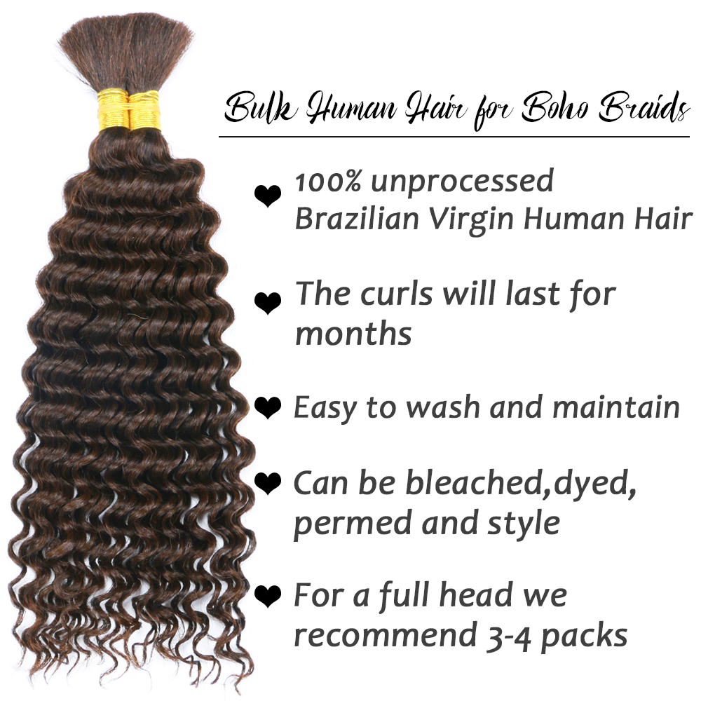 Schokoladenbraunes Flechthaar für Boho-Zöpfe, Echthaar, Flechthaar, 2 Bündel/Packung, 100 g, 45,7 cm, tiefe Welle, Boho-Haarflechten