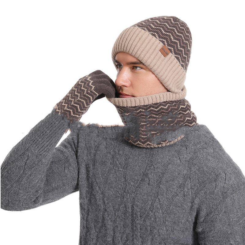 1Set Warm Soft Winter Fleece-lined Knitted Hat Scarves And Touch Screen Gloves 3-Piece Set Perfect Ear Neck Warmer Men's Warm