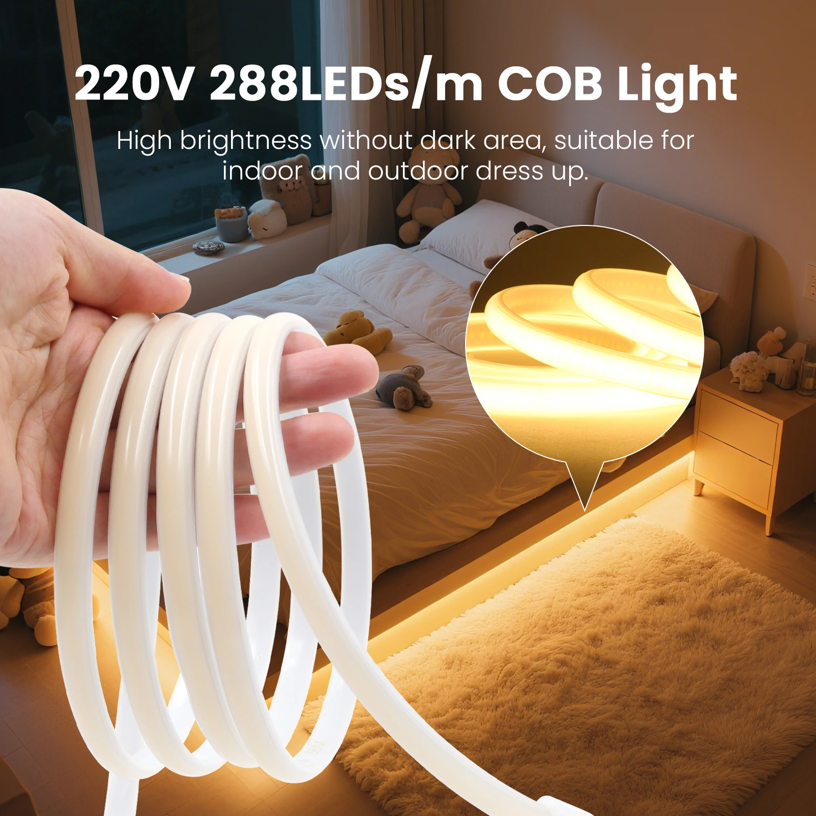 Faixa de luz led cob 220v com interruptor/plugue dimmer super brilhante 288leds/m ip65 3000k 4000k 6000k decoração interna e externa de alta qualidade