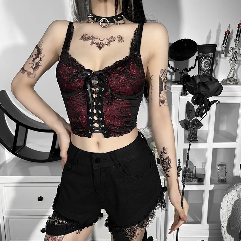 Goth Crossพิมพ์ลูกไม้Bodycon Crop Tops Camisเซ็กซี่Y2KความงามสีดําสีแดงBasic Corset Tank Topเสื้อผ้าฤดูร้อนสําหรับผู้หญิงหญิง