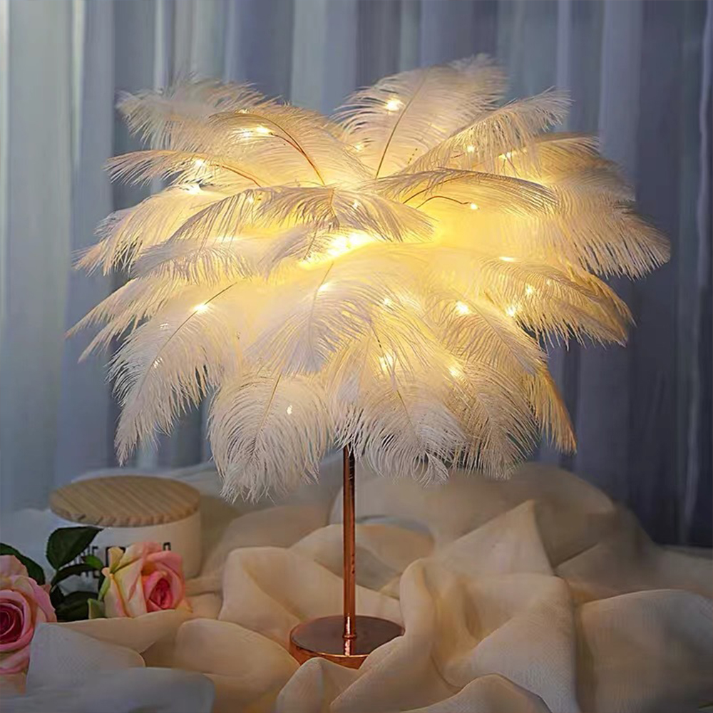 Feather Table Lamp Romantic Creative Feather Wedding Room Girl Bedroom Bedside Led Night Light Birthday Gift Home Decor