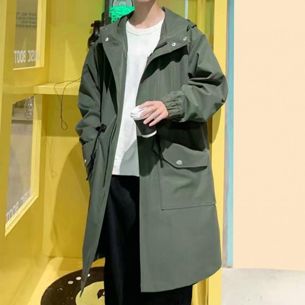 Bequeme Herren-Windjacke, Streetwear, Herren-Trenchcoat mit Kapuze, große Taschen, winddichtes Design, mittellang, einfarbig, für Herren