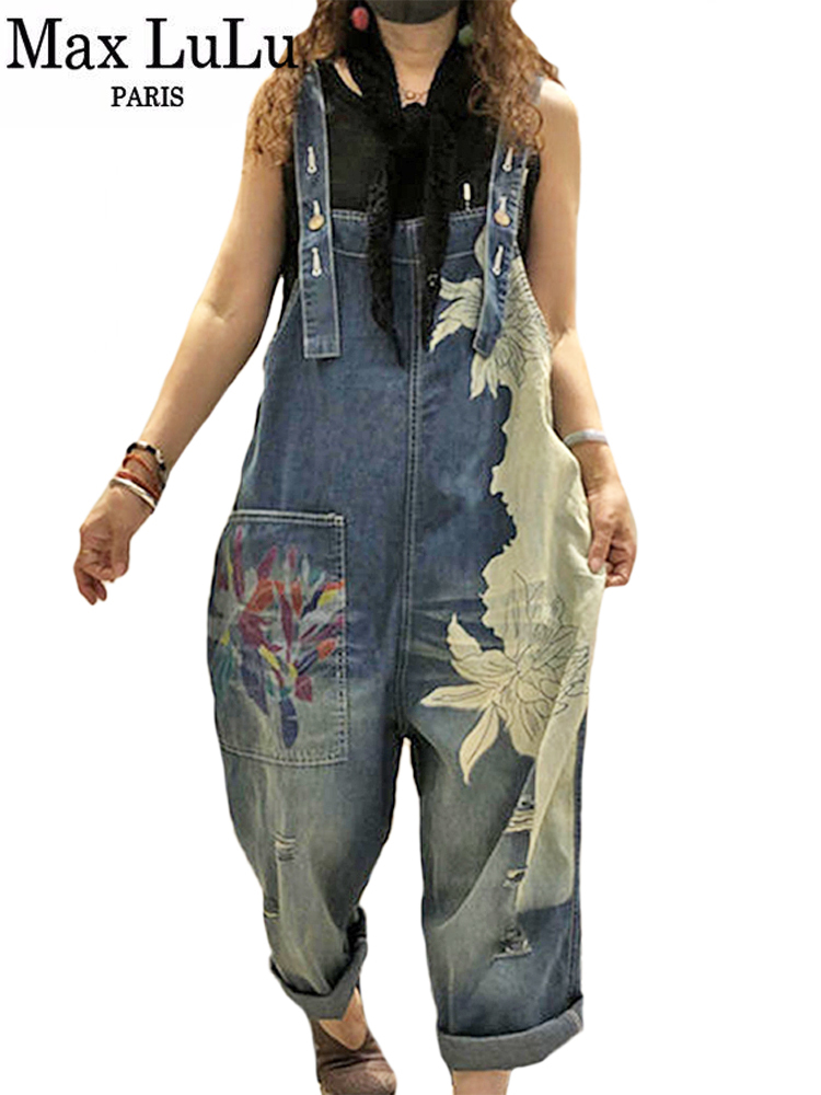 Max LuLu Europäischen Mode Stil Frühling Weibliche Gedruckt Denim Overalls Damen Vintage Casual Jeans Frauen Lose Hosen Breite Hosen