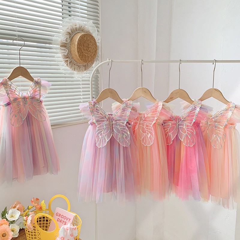 Estate nuovo vestito da principessa in Chiffon colorato per bambina, abbigliamento per bambini con ala di farfalla carina