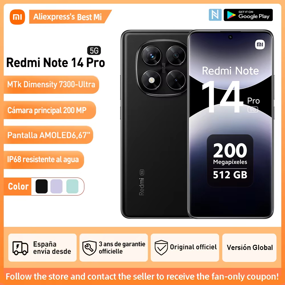 Xiaomi Redmi Note 14 Pro 5G NFC, MediaTek Dimensity 7300-Ultra,cámara 200MP, carga de 45W,pantalla de 120Hz,Cargador no Incluido