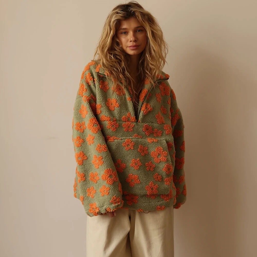 Talenza-Jersey con estampado de moda para mujer, Top de punto de manga larga con cremallera de gran tamaño en contraste, ropa informal cálida para oficina, sudaderas Vintage para mujer