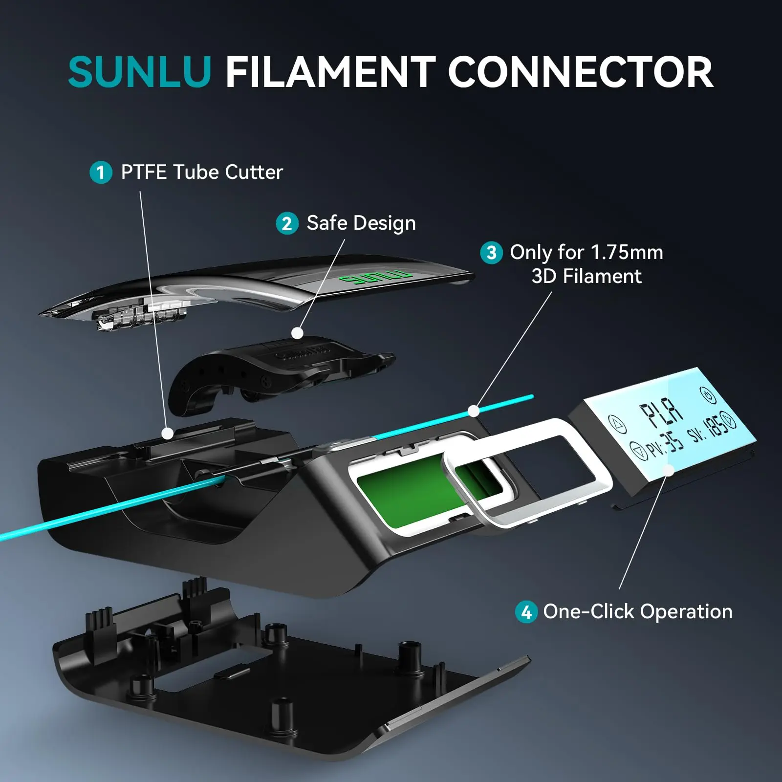 Соединитель наполнителя SUNLU для PLA/PETG/TPU/ABS/PA/нейлонового наполнителя Сращивание наполнителя с 200 шт. втулок из ПТФЭ для нагрева нити 3D-принтера