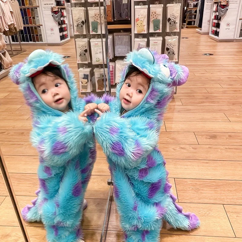 Lindo disfraz de monstruo Sully para niños, traje Kawaii de Halloween para bebé, niño y niña, ropa de Cosplay de invierno, pelele suave y cálido, traje azul