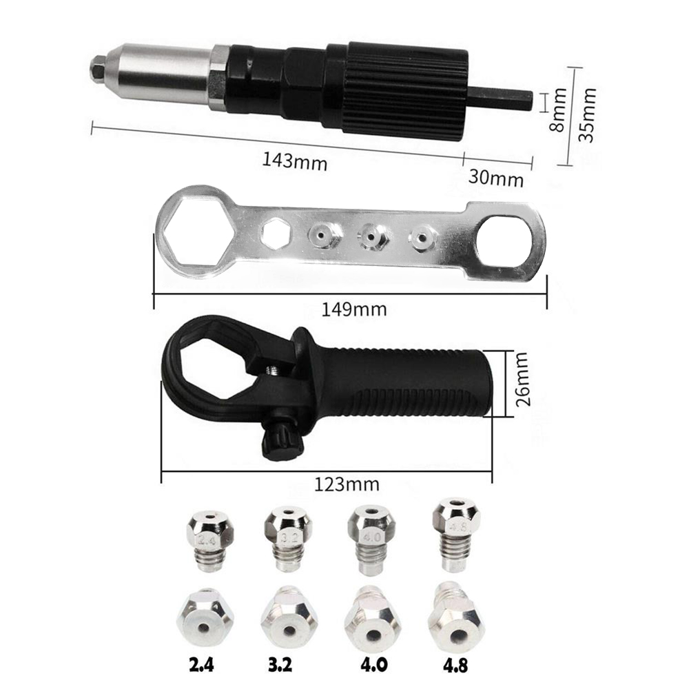 Elétrica Rivet Gun Adapter, Head Bit e Handle Wrench, 2.4mm, 3.2mm, 4.0mm, 4.8mm de diâmetro