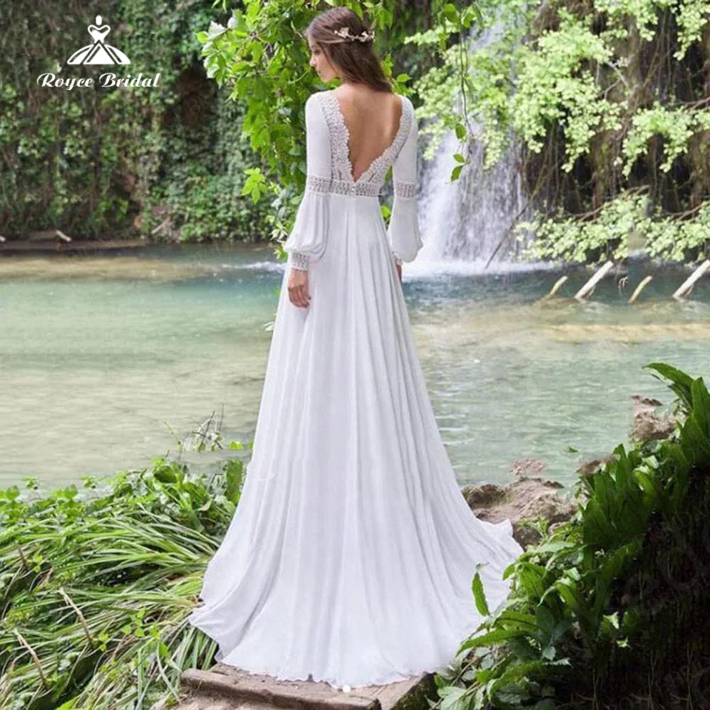 우아한 사용자 정의 쉬폰 라인 레이스 웨딩 드레스 Boho V 넥 긴 랜턴 슬리브 섹시한 백리스 신부 가운 robe de mariée