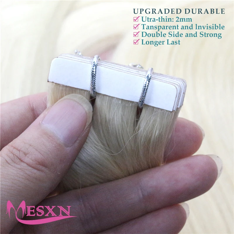 Mesxn เทปในผมต่อมนุษย์ธรรมชาติไร้รอยต่อมองไม่เห็นผ้าผิว14 "-24" กาวสองหน้าผมธรรมชาติแท้