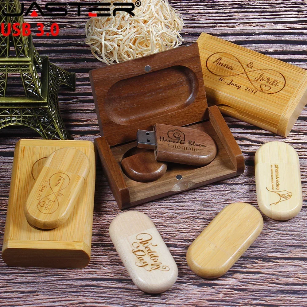 JASTER 10 unids/lote (LOGO gratis) unidad Flash USB de madera con caja Pendrive 3,0 4GB 8GB 16GB 32GB 64GB 128GB memoria Stick regalo de boda