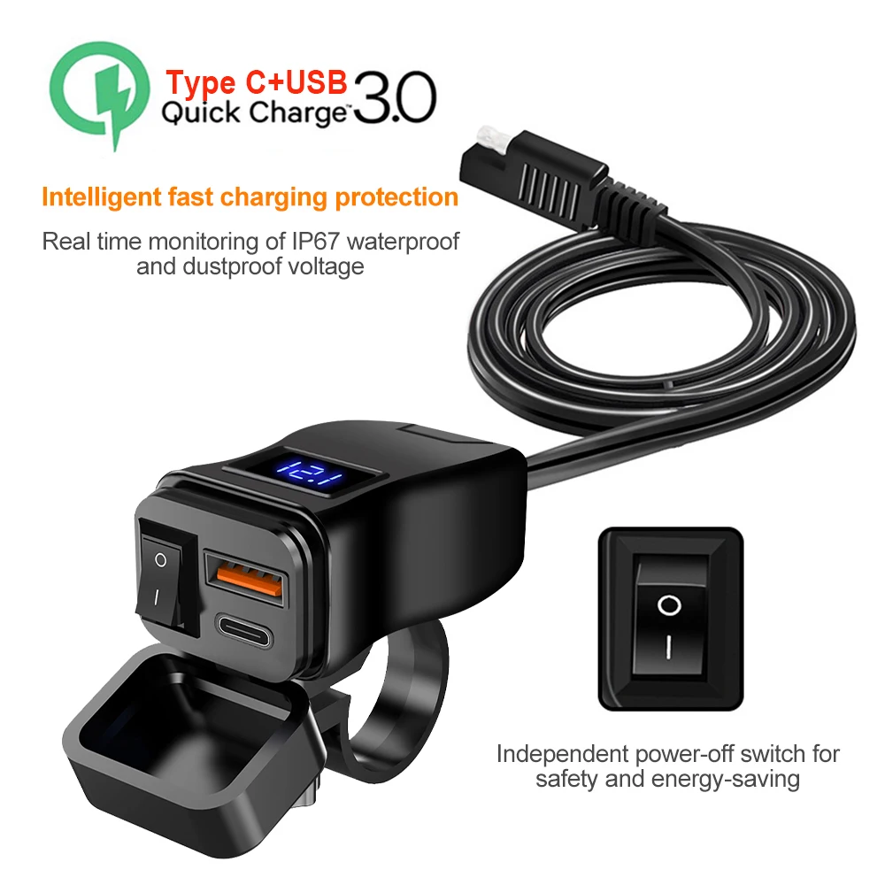 Carregador rápido usb para motocicleta pd qc3.0, 60w, guidão, tomada usb dupla com interruptor, voltímetro, à prova d'água, adaptador de fonte de alimentação 12v