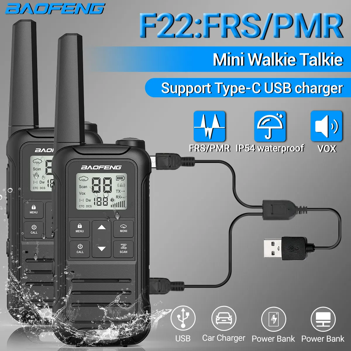 2Pcs Baofeng F22 PMR446 FRS Type-C Charger Walkie Talkie Licence-free Portable LCD Display VOX Two-way Radio for Hunting