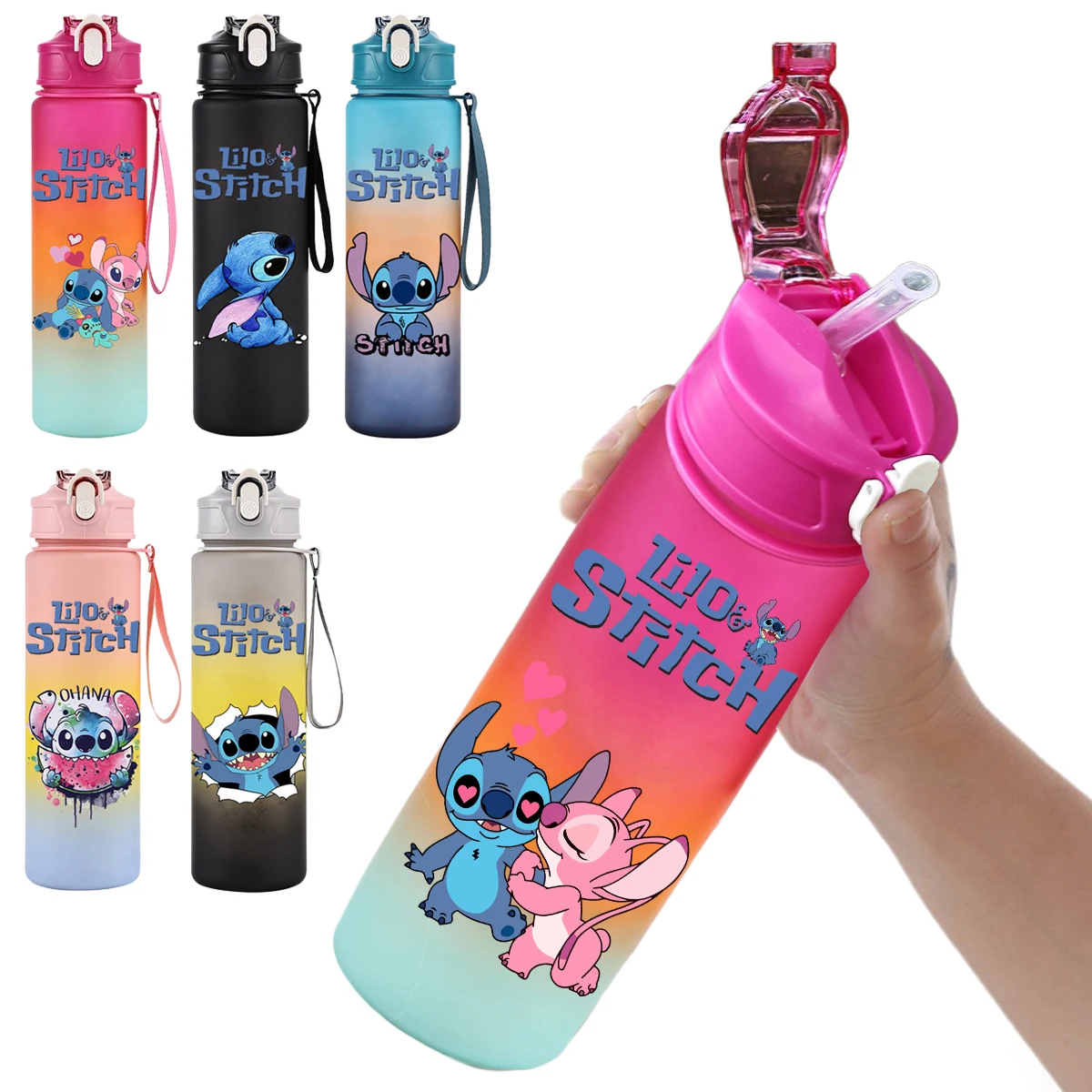 Disney Lilo Stitch Plastic Straw Water Cup Sports Water Bottle Outdoor 750Ml Large Capacity High Value Camping Drinking Tools