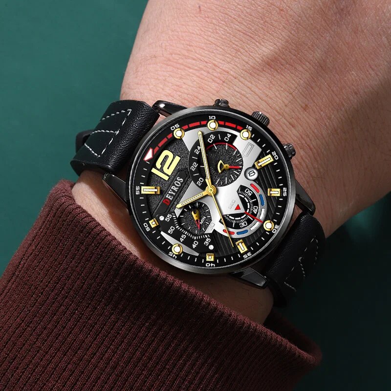 Relógio de pulso de quartzo de couro preto de luxo masculino, relógio casual, pulseira e colar, calendário, data, moda, 3pcs