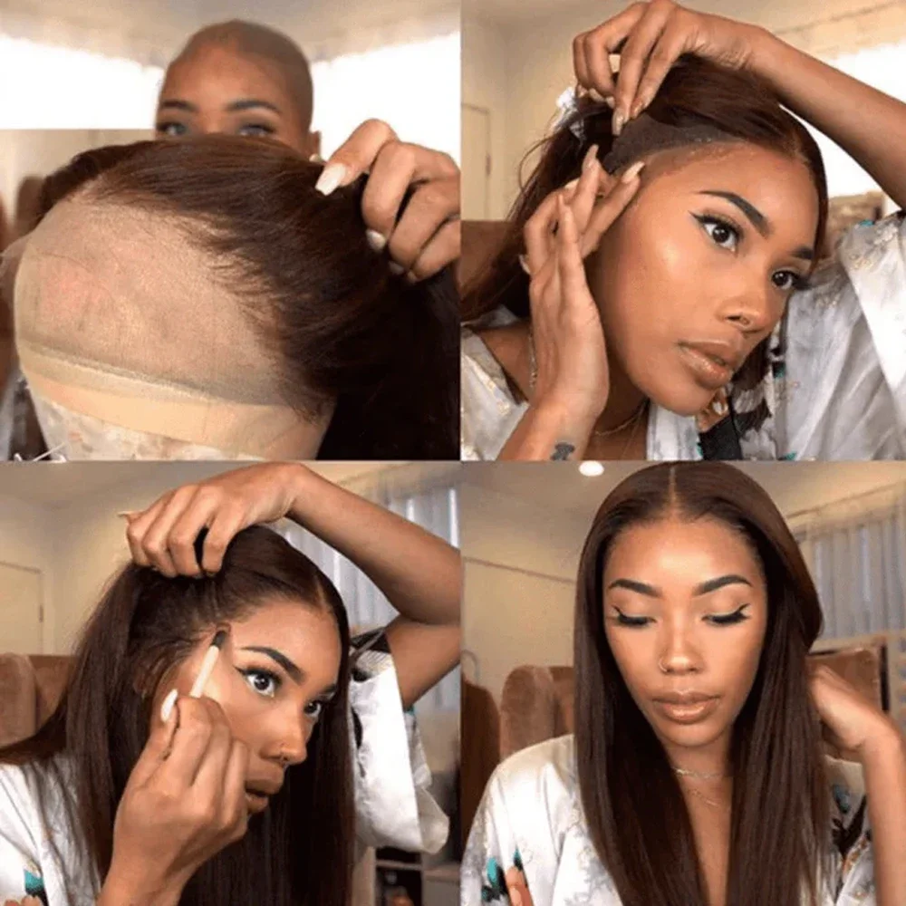 アフリカの女性のための合成レースフロントウィッグ,滑らかで長い,チョコレートブラウン,透明なHDカラー,事前に摘み取られた,13x4