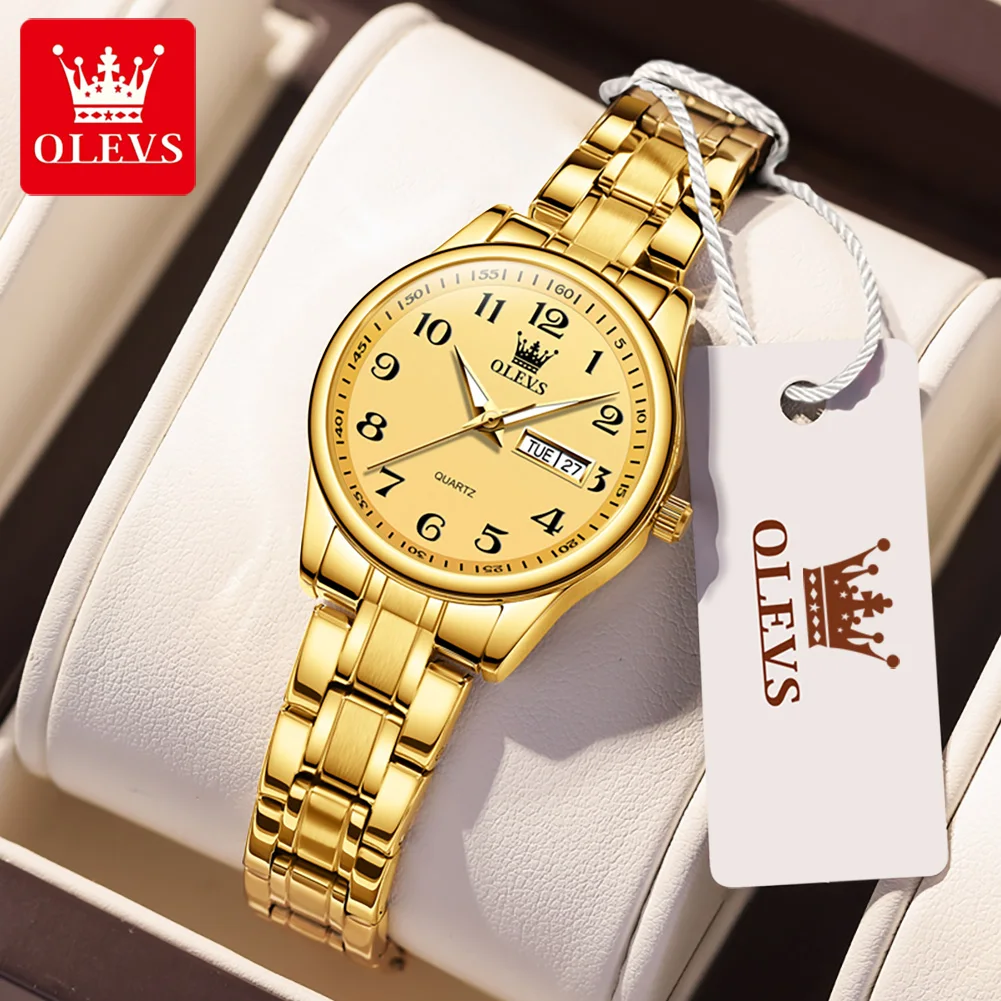 OLEVS Reloj de cuarzo de lujo para mujer, elegante reloj de acero inoxidable, luminoso, resistente al agua, reloj de pulsera con fecha semanal, reloj de vestir para mujer