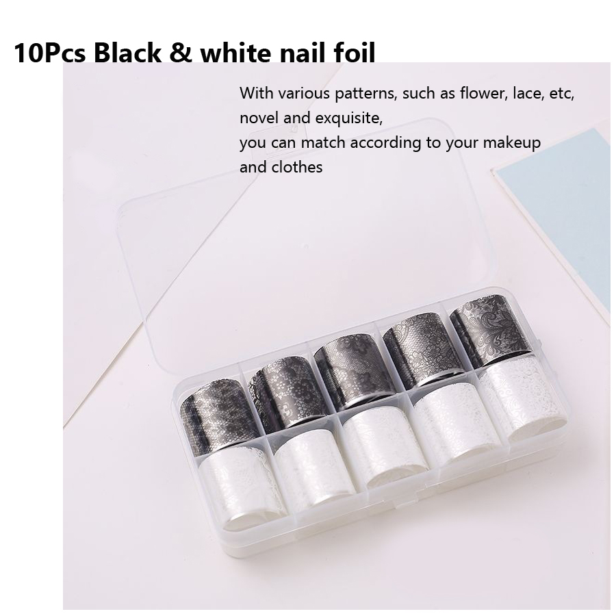 10 Rollos de Pegatinas de Papel de Aluminio de Encaje Negro y Blanco para Decoración de Uñas, Diseños de Flores para Arte de Uñas DIY