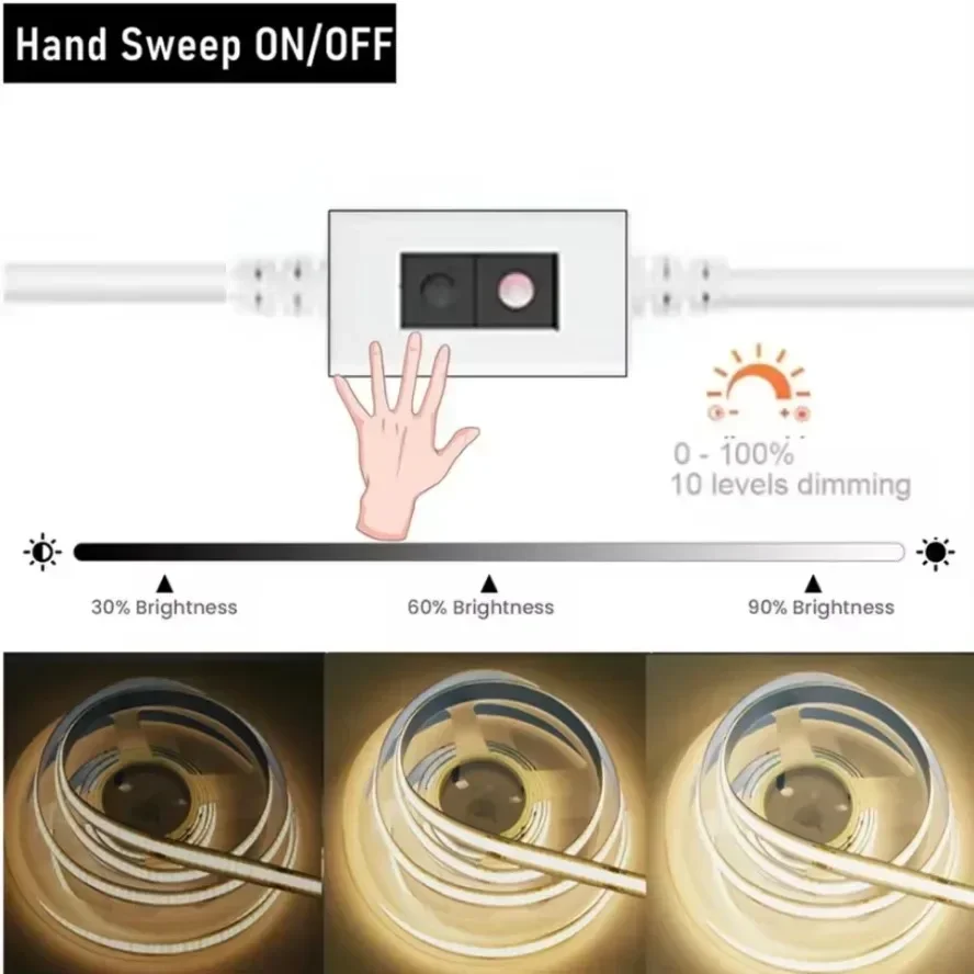 Tira de luces LED USB multicolor de 5V, interruptor COB, Sensor táctil, lámpara regulable, cinta, retroiluminación de espejo de TV, iluminación nocturna para cocina y habitación