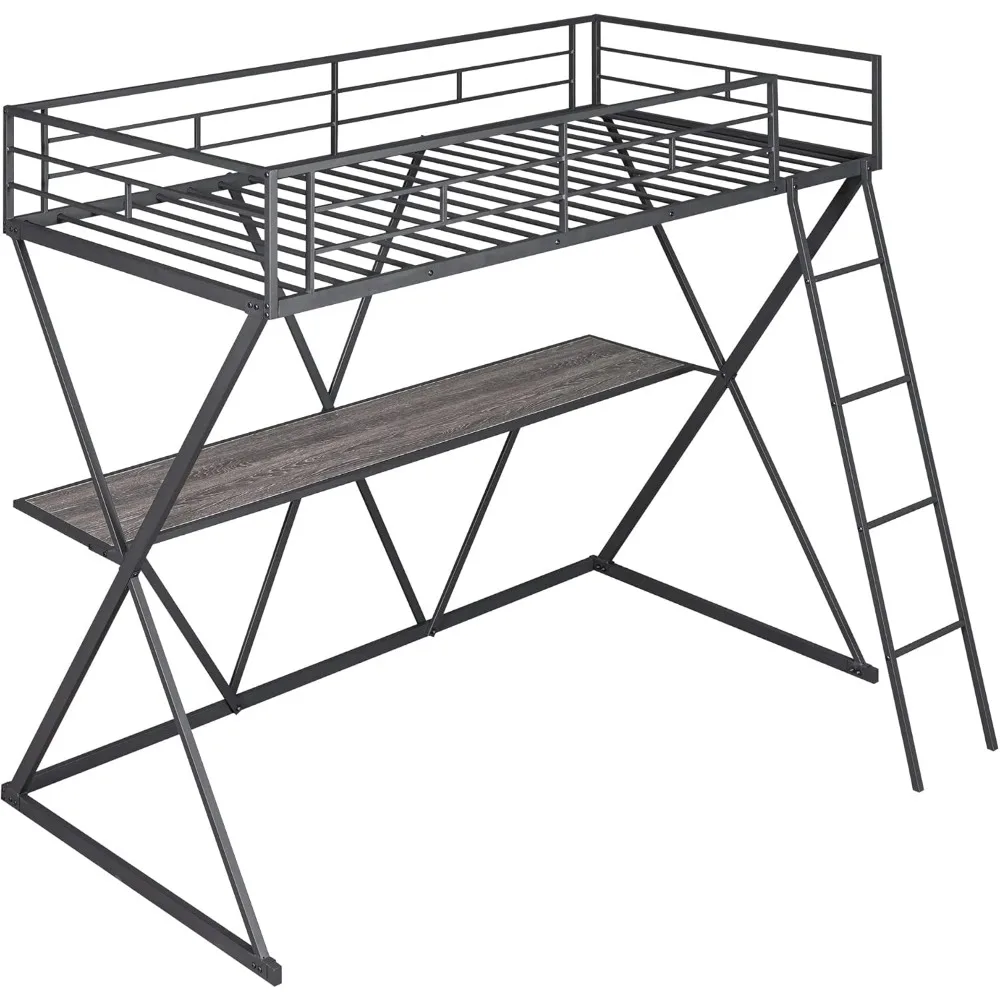 Twin Loft Bed with Desk, Loft Bed Twin Size with Ladder and Full-Length Guardrails, X-Shaped Frame, Black Metal Loft Bed Frame