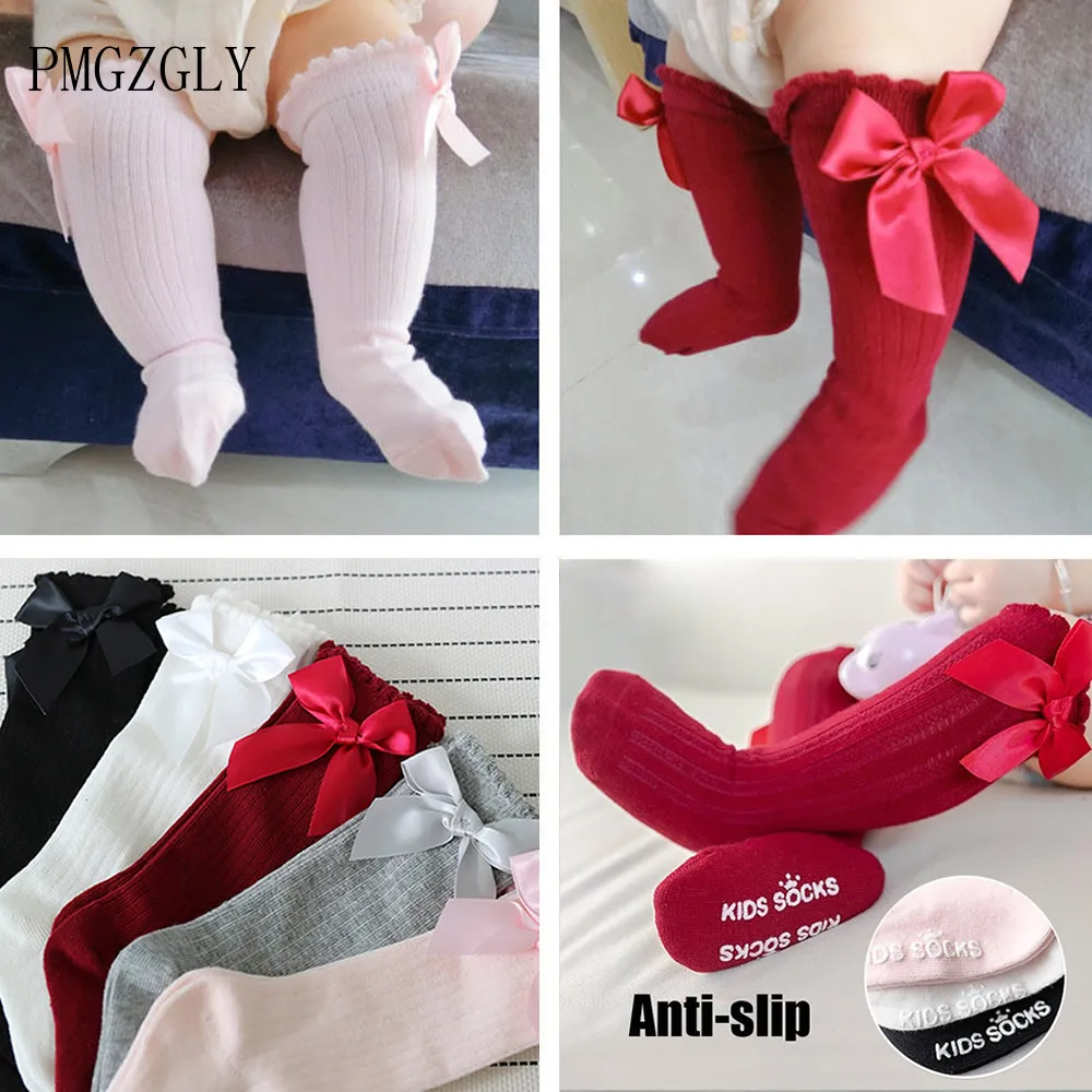 Calcetines transpirables para niñas pequeñas, bonitos calcetines hasta la rodilla con lazo, calcetines de tubo para niños, lazos de moda, calcetines de Color sólido para niños