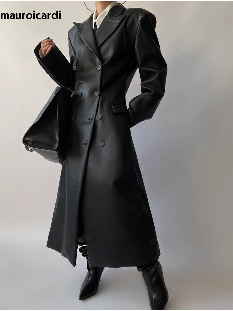 Mauroicardi Herbst Lange Schwarz Ausgestattet Weiche Pu Leder Trenchcoat für Frauen Schulter Pads Zweireiher Luxus Europäischen Kleidung