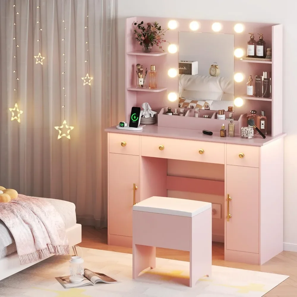 Dressing Table, Pink Dressing Table with Charging Station and Dressing Stool, 3 Drawers and Cabinet, White Makeup Mirror With