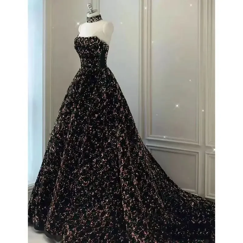 Vestidos de Noche de talla grande para mujer, vestidos de fiesta de lujo negros con lentejuelas elegantes, vestido Formal de fiesta