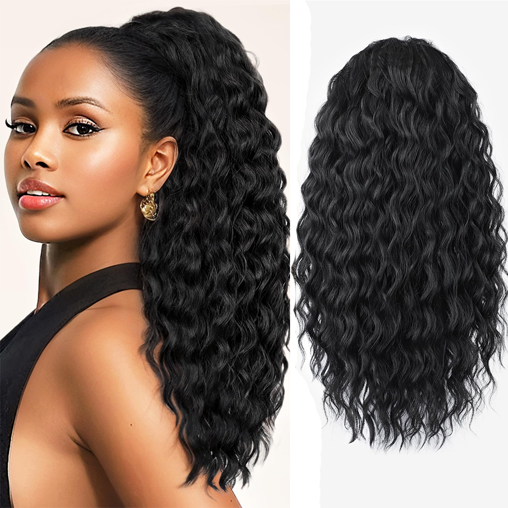 Sylhair 巾着ポニーテールエクステンション合成ナチュラルカーリークリップヘアエクステンション 24 インチロング波状ポニーテールかつら