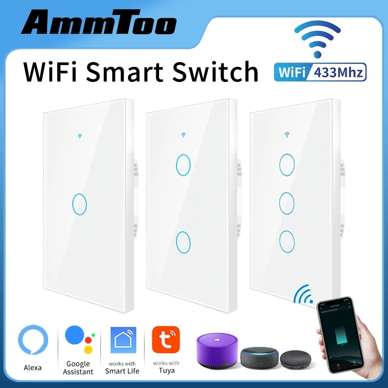 Ammtoo Tuya Wifi Smart Light Switch Ons 120 Type Draadloos Muur Touchpanel 1/2/3 Bende Support Alexa Google Home Smart Life