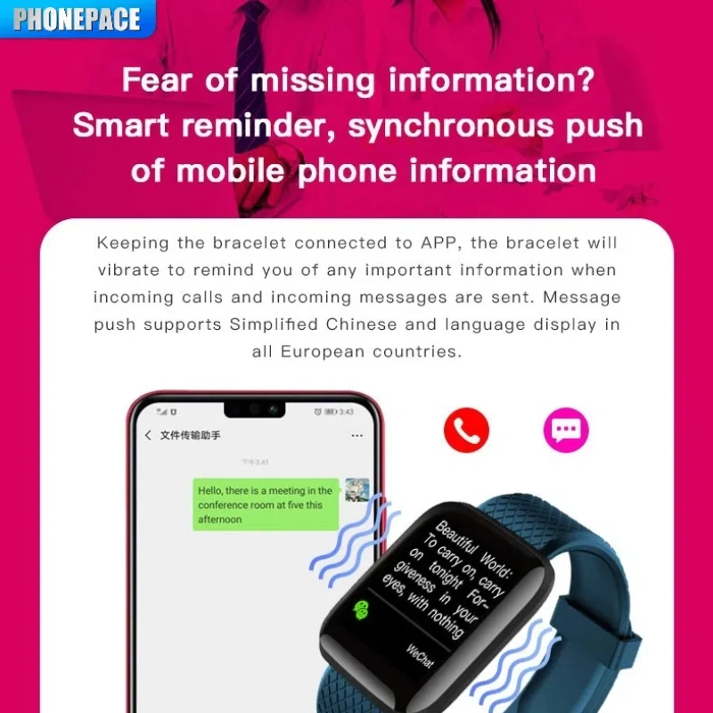 PHONEPACE Pulsera inteligente de seguimiento de ejercicios con pantalla a color Recordarios de salud Ejercicio Conteo de pasos Notificaciones de información