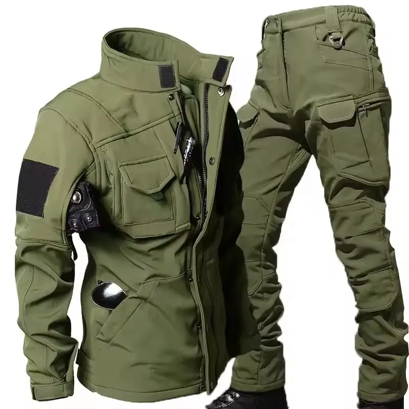 Wasserdichte Haifischhaut-Taktik-Sets für Herren, verdicktes Fleece, neue Softshell-Kampfjacken + winddichte warme Cargohose, 2-teiliges Set