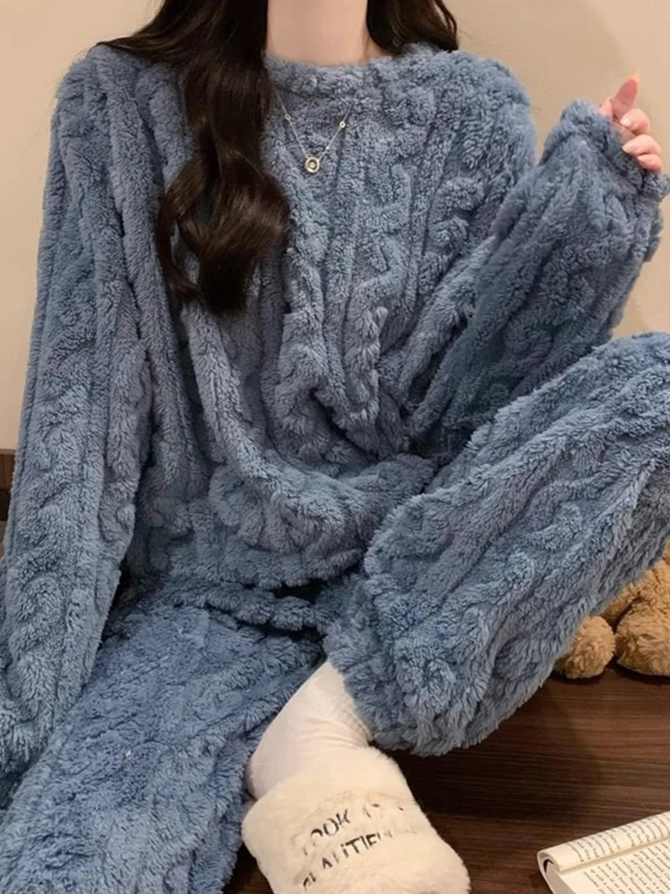 Conjuntos de 2 piezas de lana Coral de felpa suave para mujer, conjuntos gruesos y cálidos acanalados, pijama informal cómodo con cuello redondo, ropa para el hogar, invierno