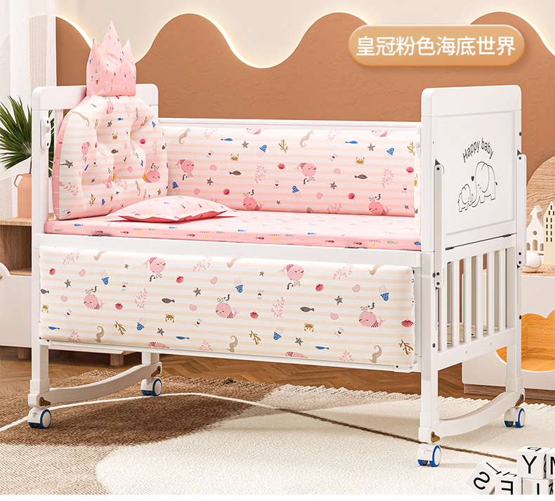 Nueva mejor venta, cuna de bebé de madera 6 en 1, altura ajustable, cuna de madera maciza con colchón de palma y juego de cama