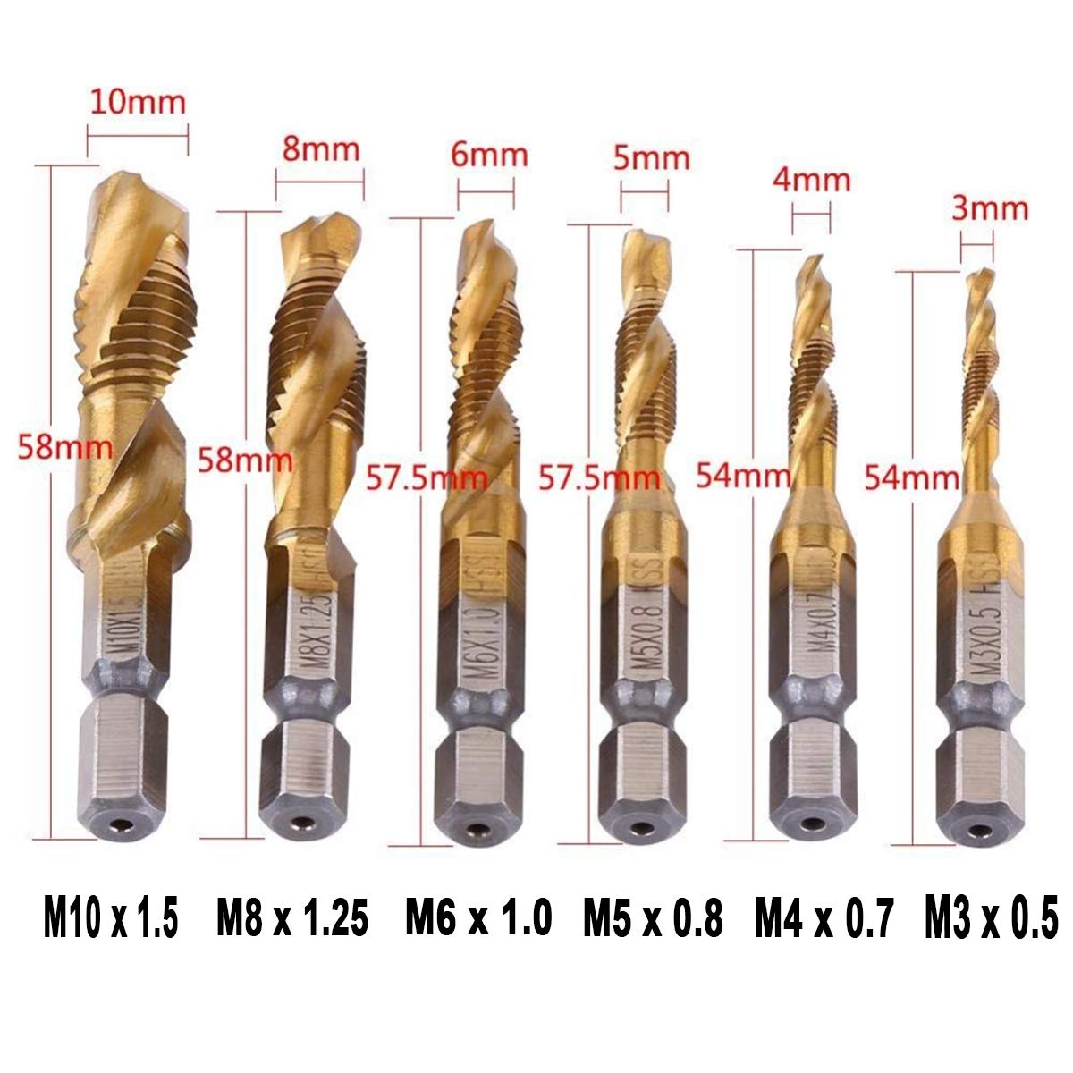 Vástago hexagonal Chapado en titanio, tornillo HSS, rosca métrica, brocas de grifo, máquina de tornillos, grifo compuesto, M3, M4, M5, M8, M10, herramientas manuales
