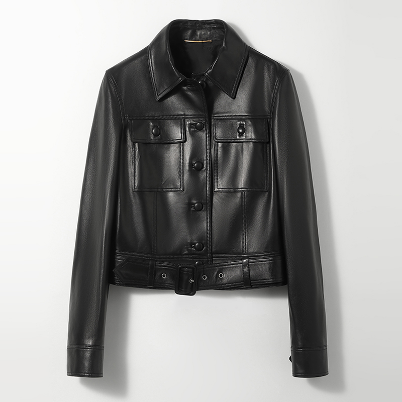 2025 wiosna damska kurtka z prawdziwej skóry płaszcze moda czarna klapa przycięta Cargo kurtka z owczej skóry z dużymi kieszeniami i paskiem