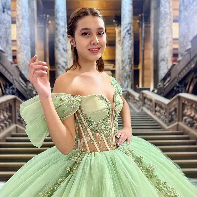 ANGELSBRIDEP 반짝이는 녹색 연인 Quinceanera 드레스 오프 숄더 비즈 꽃 아플리케 Vestidos De 15 Anos 볼 가운